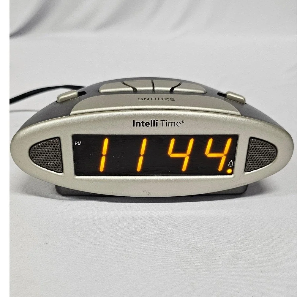 Chaney Intelli-Time Digital Alarm Clock 13027W1 Amber LED Display Silver Grey